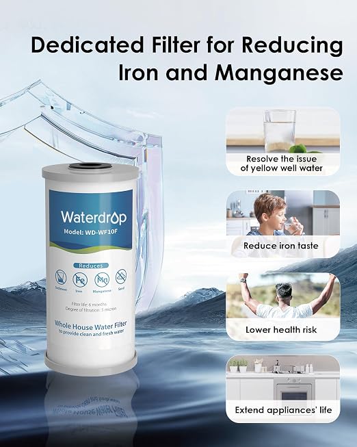 Waterdrop WHF21-FG 2-Stage Whole House Water Filter System, 5 Micron | Reduces Iron & Manganese, Lead, Chlorine, Odor, 5-Stage Filtration, with Carbon and Sediment Filters, 1" Inlet/Outlet