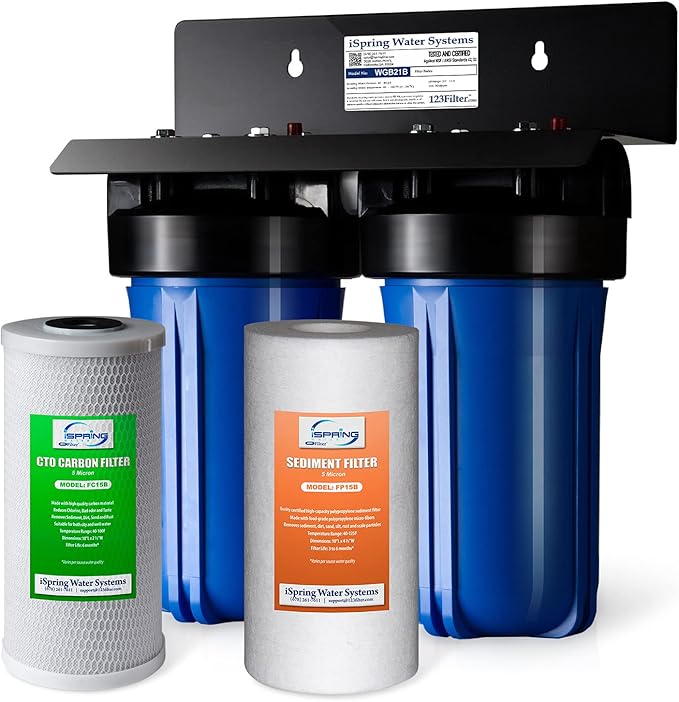 iSpring WGB21B 2-Stage Whole House Water Filtration System & WSP-50SL Reusable Whole House Spin Down Sediment Water Filter with Siliphos, Multiple Micron Sizes, 20 GPM, 1" MNPT + 3/4" FNPT, 50