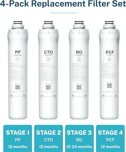 Bluevua Official RO100ROPOT 4-Pack Replacement Filter Set, Pack of 1 PP Filter and 1 CTO Filter and 1 RO Filter and 1 PCF Filter, Bundle