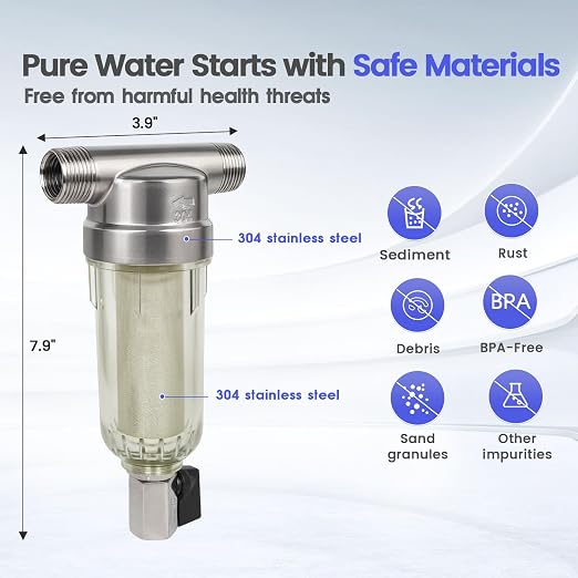 304 Stainless Steel 40 Micron Spin Down Water Filter, Whole House Spin Down Sediment Water Filter, Reusable Flushable Pre-Filtration System, 1" MNPT + 3/4" FNPT+3/4MNPT, BPA Free