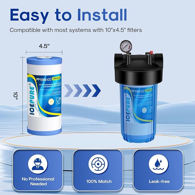 ICEPURE 5 Micron 10" x 4.5" Whole House Water Filter Compatible with GE FXHTC, GXWH40L, RFC-BBSA, W50PEHD, GXWH35F, GNWH38S, Dupont WFHD13001, R50-BB, Pack of 1