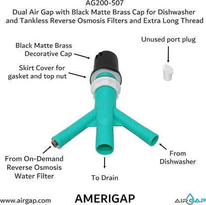 Dual Air Gap with Black Matte Brass Cap for Dishwasher and Tankless Reverse Osmosis Filter and Extra Long Thread (AG200-507, AG200-X07, AMERIGAP)