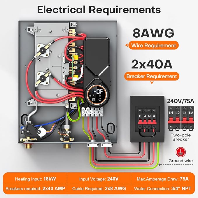 18kW Tankless Water Heater Electric 240V, On Demand Hot Water, Automatically Maintains Water Temperature, Up to 4.3 GPM, WiFi Control, ETL Eertified, Eco, WM18V Plus