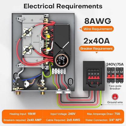 18kW Tankless Water Heater Electric 240V, On Demand Hot Water, Automatically Maintains Water Temperature, Up to 4.3 GPM, WiFi Control, ETL Eertified, Eco, WM18V Plus