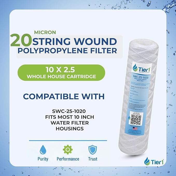 Tier1 20 Micron 10 x 2.5 Water Filter | String Wound Polypropylene Whole House Sediment Water Filter Cartridge | Replacement for Hyrdonix SWC-25-1020 | 2.5 x 10 Water Filter (6-Pack)
