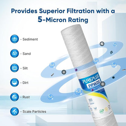 PUREPLUS 5 Micron 2.5" x 20" Whole House String Wound Sediment Filter for Well Water, Replacement Cartridge for Aqua Pure AP110-2C, Pentek P1-20/SP-P1-20/PX01-20, WPP-F20-5, 6Pack