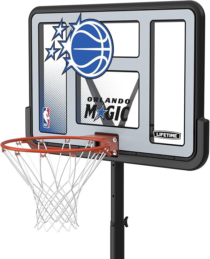 Lifetime NBA Orlando Magic Portable Basketball Hoop, Adjustable Height 7.5-10 Ft, 44 Inch Shatterproof Fusion Backboard, Base with Wheels