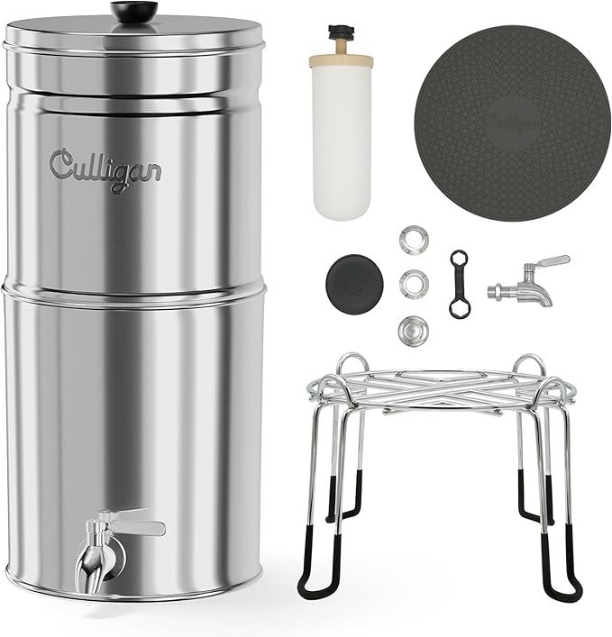 Culligan MaxClear 2.25 Gallon Gravity Water Filter System, Polished Stainless-Steel Countertop Water Filter NSF/ANSI Certified to Reduce Microplastics, Lead & Total PFAS, with 4 Ceramic Filters