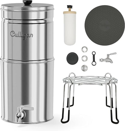 Culligan MaxClear 3 Gallon Gravity Water Filter System, Polished Stainless-Steel Countertop Water Filter NSF/ANSI Certified to Reduce Microplastics, Lead & Total PFAS, with 2 Ceramic Filters