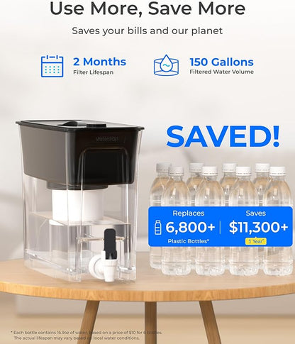 Waterdrop Fluoride-Reducing Water Filter Dispenser, 35-Cup, 150-Gallon Long-Life, Large Capacity, Reduces Chlorine, PFOA/PFOS and More, BPA Free, Black (with 1 Filter)