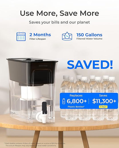 Waterdrop 35-Cup Large Water Filter Dispenser, Fluoride-Reducing, 150-Gallon Long-Life, Reduces Chlorine, PFOA/PFOS and More, BPA Free, Black (with 3 Filters)