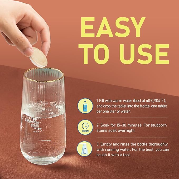 Water Bottle Cleaning Tablets, 18 Pack Bottle Clean Tablet Hydration Bladder Cleansing Tablets for Hydration Bladder, Water Bottle, Individually Packed, Orange Flavor