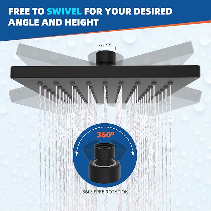 Hibbent cUPC Certified Metal Rain Shower Head, 6'' High Pressure Rainfall Shower Head, Square Bathroom Waterfall Shower Heads, High Flow Fixed Showerheads with Adjustable Brass Ball Joint, Matte Black