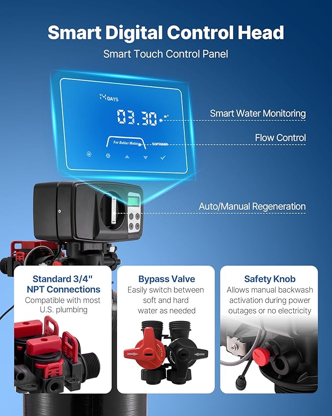 VEVOR Water Softener, 32,000 Grains Whole House Water Softener System, with Automatic Digital Control Head, Bypass Valve, Reduce Hardness and Minerals, Improve Water Quality, for 1-2 Bathrooms