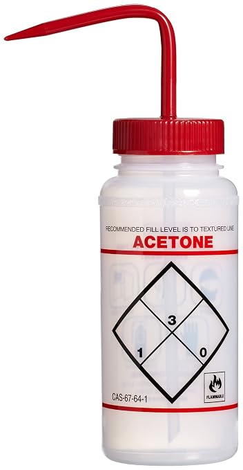 SP Bel-Art Safety-Labeled 2-Color Acetone Wide-Mouth Wash Bottles; 500ml (16oz), Polyethylene w/Red Polypropylene Cap (F11646-0622), Natural (Pack of 6)