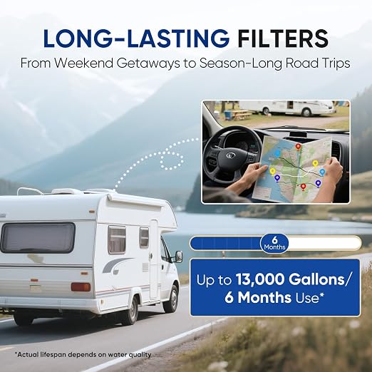 PUREPLUS RV Dual Stage Water Filter System with Sediment & PFAS Carbon Block Filters, NSF/ANSI 42 Certified, Reduces PFAS, VOCs, Chlorine, Odors, 13,000 Gal, Stainless Steel 3/4" Fittings