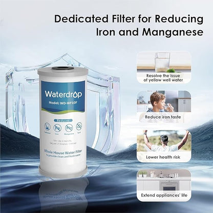 Waterdrop Whole House Water Filter, Iron Filter, Sediment Filter for Well Water, Reduce Manganese, Replacement for Ispring, GE®, Waterdrop, Any 10" x 4.5" Whole House Water Filters System, 5 Micron