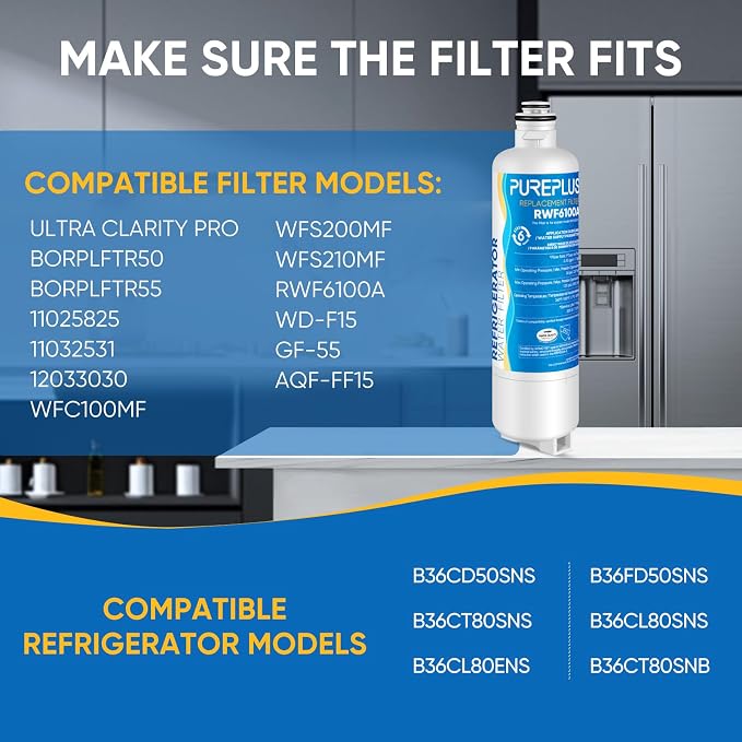 PUREPLUS BORPLFTR50 Replacement for Bosch 11025825 Ultra Clarity Pro Refrigerator Water Filter, Compatible with 12033030, 12028325,11025825, BORPLFTR55, WFC100MF, B36CT80SNS, B36CL80ENS, 4Pack