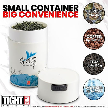 Teavac 6-Ounce Vacuum Sealed Tea Storage Container, White Cap and Body/Blue Tea Sign
