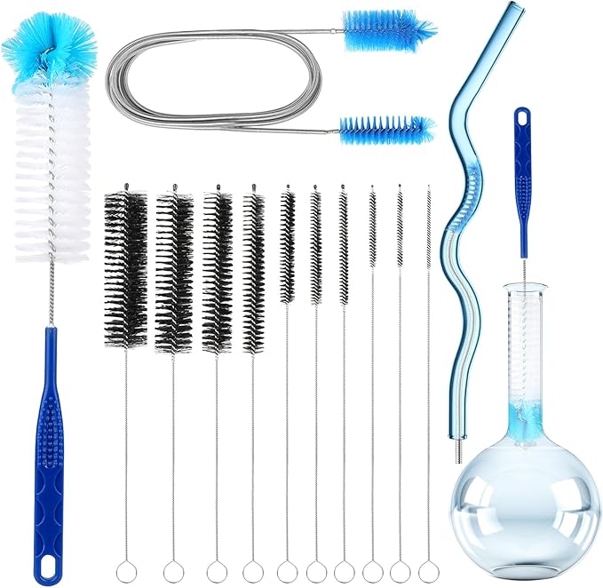 12pcs Glass Tube Pipe Cleaners Brush Kit, 14.5 inch Long Nylon Straw Brush for Glass Funnel and Bottle, 8.2 inch Different Diameters Brush, 35 inch Flexible Double Ended Hose Brush