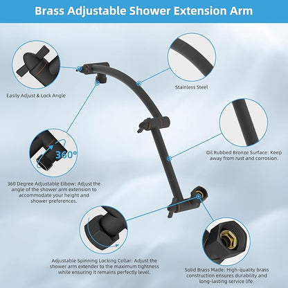 Hibbent All Metal Rain Filtered Shower Head, 12'' High Pressure Rainfall Showerhead with 16" Shower Extension Arm, 20 Stage Shower Filter, Solid Brass Adjustable Shower Arm Extender, Oil-Rubbed Bronze
