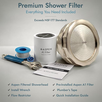 Aspen Filtered Shower Head for Healthy Hair & Skin | Removes Chlorine, Hard Water & Heavy Metals | High Pressure Shower Head with Filter | Water Softener | KDF-55