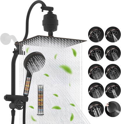 Hibbent Dual Filter All Metal 12" Rainfall Showerhead Combo, High Pressure Filter Shower Head with 10-Spray Handheld, 4-way Diverter with Pause Mode, 71'' Shower Hose and Holder, Oil Rubbed Bronze