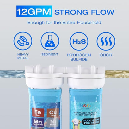 H&G lifestyles Garden Hose Filter for Pool Filling, Iron Removal Water Filter for Hot Tub & Spa, Reduces Calcium & Sediment, 3/4" GHT Adapter, 50,000 Gallons