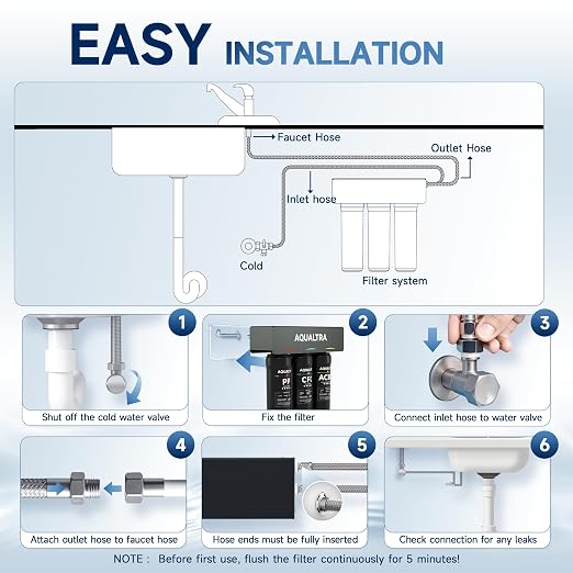 AQUALTRA USF-3B-10 Slightly Alkaline Under Sink Filter System, 8K-32K Gal, Reduce PFOA, PFOS, Chlorine, Lead, Mercury, Chloramine, Fluoride, Microplastics Particles, Bad Taste & Odor