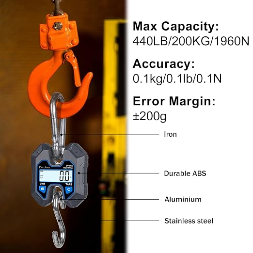 Fuzion Hanging Scale 440lb/200kg, Mini Crane Scale w/Stainless Steel Hook | No Setup Required, Hold/Tare Function, Large Display, Digital Hanging Scales for Weighing Animals, Hays, Fish, Travel Luggage