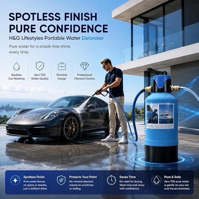 H&G Lifestyles Water Deionizer for Car Washing,with By-Pass Valve | Spotless Water System for Car Wash, Portable Spot-Free Deionization Filter,3/4" GHT Brass Adapter, Quick Connectors