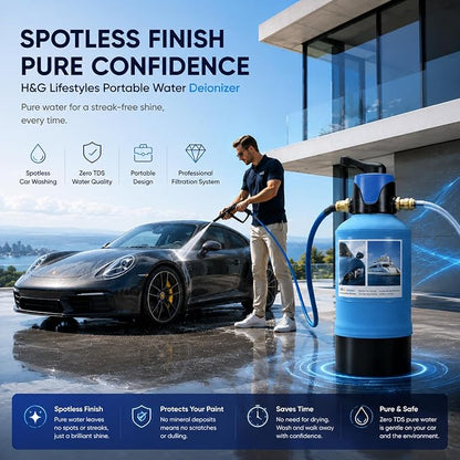 H&G Lifestyles Water Deionizer for Car Washing,with By-Pass Valve | Spotless Water System for Car Wash, Portable Spot-Free Deionization Filter,3/4" GHT Brass Adapter, Quick Connectors