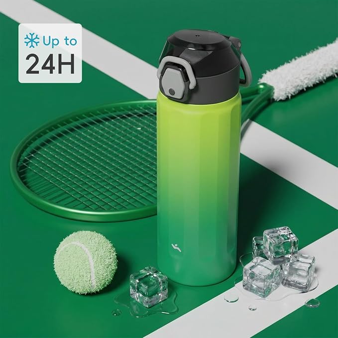 Konokyo FLOWPLAY 18oz Locking Push-Button Water Bottle with Silicone Spout,Leak-Proof,18/8 Stainless Steel Double-Wall Vacuum Insulated for Sports and Travel,BPA-Free,Matcha Green