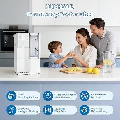 Reverse Osmosis Water Filter Countertop 5 Stage RO System, Hot & Cold Water Dispenser, 4:1 Pure to Drain, TDS Display & Filter Life, No Installation Portable RO Water Purifier for Home