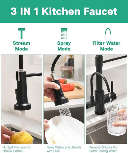 GIMILI 3 in 1 Kitchen Faucet with Pull Down Sprayer Matte Black Two Handle Kitchen Sink Faucet with Under Sink Water Filter System Reduces PFAS, PFOA/PFOS, Lead, Chlorine, Bad Taste & Odor