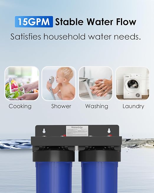 Waterdrop WHF21-PG 2-Stage Whole House Water Filter System, 5 Micron | Highly Reduces Lead, Chlorine, Odor and Taste, 5-Stage Filtration, with Carbon Filter and Sediment Filter, 1" Inlet/Outlet