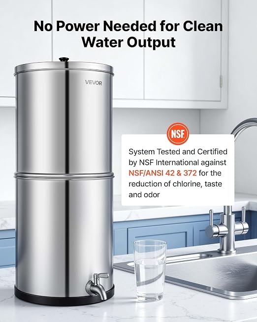 VEVOR Gravity-fed Water Filter System, 3G 304 Stainless-Steel Countertop Water Filtration System, Reduces Lead and up to 99% of Chlorine, with 2 Ceramic Carbon Filters, and Spigot, for Home Camping RV