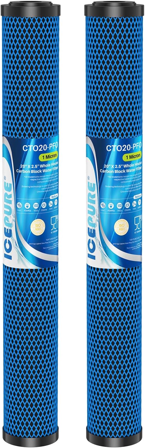 ICEPURE 1 Micron 20" x 2.5" Whole House PFOA/PFOS Activated Carbon Water Filter Cartridge Replacement for C1-20, EP-20, HX-CB-25-2010, F3WCB32, CTO20, Pack of 2