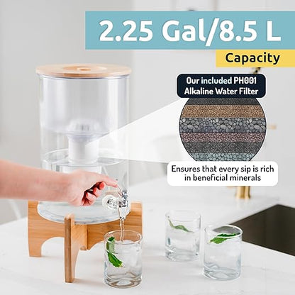 Invigorated Water pH Recharge Glass Alkaline Water Dispenser Filter System - Countertop Purifier Pitcher for Home and Office - High pH Pure Drinking Water Filtration - 36 Cups (Bamboo Marble Set)