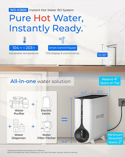 Waterdrop KJ600 Reverse Osmosis System, Instant Hot Water Dispenser, 600 GPD, Reduce PFAS, Tankless, 2:1 Pure to Drain, Under Sink, TDS Reduction, Smart Faucet, Hot and Cold Water Dispenser Faucet