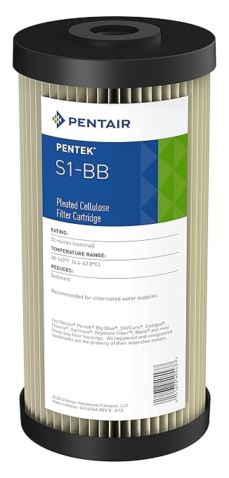 Pentair Pentek S1-BB Big Blue Sediment Water Filter, 10-Inch, Whole House Heavy Duty Pleated Cellulose Filter Cartridge, 10” x 4.5”, 20 Micron