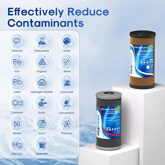 ICEPURE 2-Stage 10" x 4.5" Whole House Carbon Water Filter Set, KDF Heavy Metal Removal Cartridge and Lead Removal Cartridge Replacement for WFHDC8001, CB-BB-10, FXHTC, Pack of 1