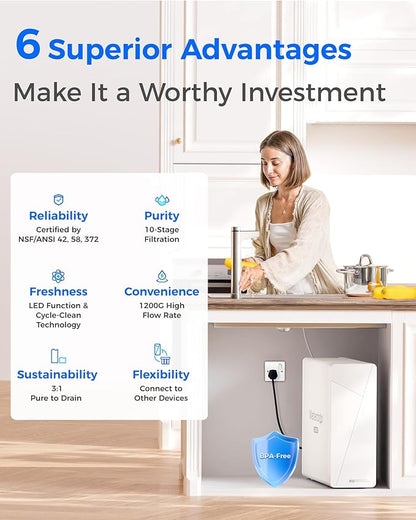 Waterdrop X12-WCS RO Water Filter, NSF/ANSI 42&58&372 Certified, 1200 GPD Undersink Reverse Osmosis System, 10-Stage Filtration, 3:1 Pure to Drain, Smart Faucet, BPA Free, [ NO Minerals Added ]