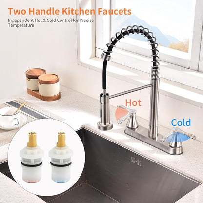 HOMELODY 2 Handles Kitchen Faucet with Pull Down Sprayer for 3 Hole Sink, 360° Rotating Spout Commercial 2 Handle Stainless Steel Kitchen Faucets with Deck Plate Brush Nickel