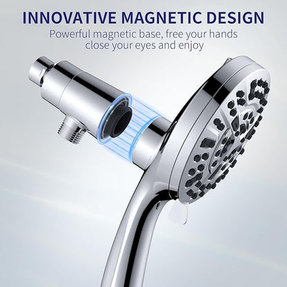 Magnetic Handheld Shower Head with Filter, High Pressure 10-Spray-Mode Detachable Shower Head with 60-Inch Hose, Powerful Hand Held Shower Head for Low Water Pressure(head,silver)