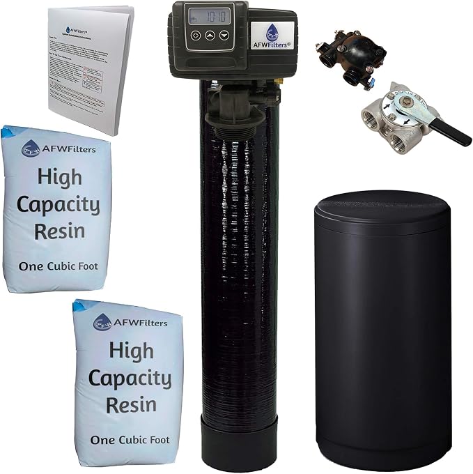 AFWFilters 2 cubic Foot (64k) Whole Home Water Softener with High Capacity Resin, 3/4" Stainless Steel FNPT Connection, and Black Tanks