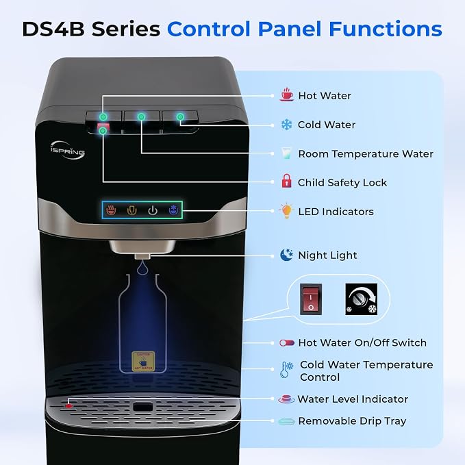 iSpring Bottleless Water Dispenser with 4-Stage Filtration, SGS-Tested 99% of Lead Removal, Water Cooler Dispenser - Hot, Cold, Room Temp, Self Cleaning, Black, Model: DS4B-PB