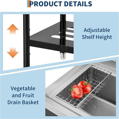 Garvee 36" Black Stainless Steel Utility Sink with Faucet, Adjustable Height Freestanding Commercial Sink with Hot & Cold Water, Shelf, Basket & Drain Kit for Kitchen, Garage, Laundry, or Outdoor Use