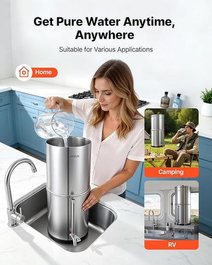 VEVOR Gravity-fed Water Filter System, 2.25G 304 Stainless-Steel Countertop Water Filtration System, Reduces Lead and up to 99% of Chlorine, w/ 2 Carbon Filter, Spigot, Stand