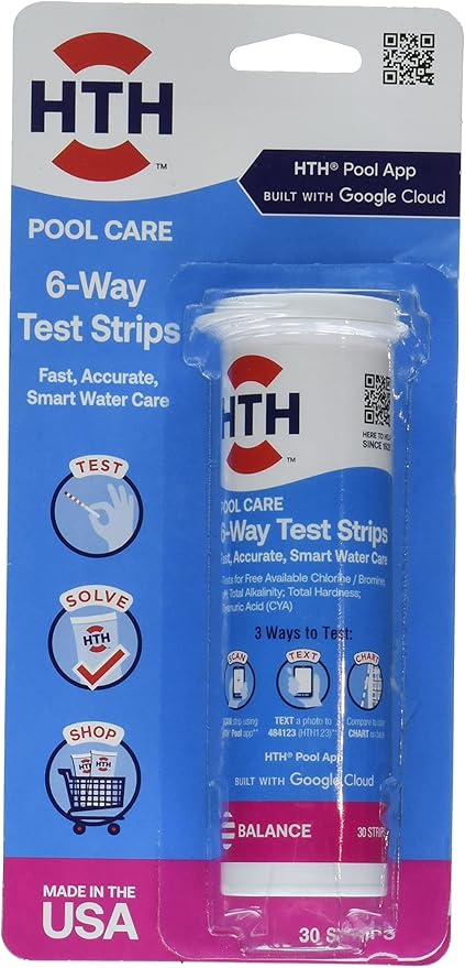 HTH 1276 Swimming Pool Care 6 Way Test Strips, Swimming Pool Water Chemical Tester, 30 Strips